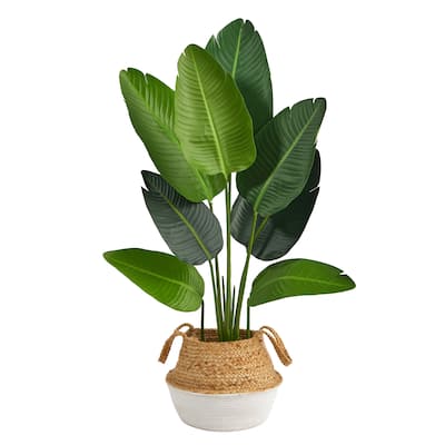 4' Travelers Palm Artificial Tree in Boho Chic Handmade Cotton & Jute White Woven Planter