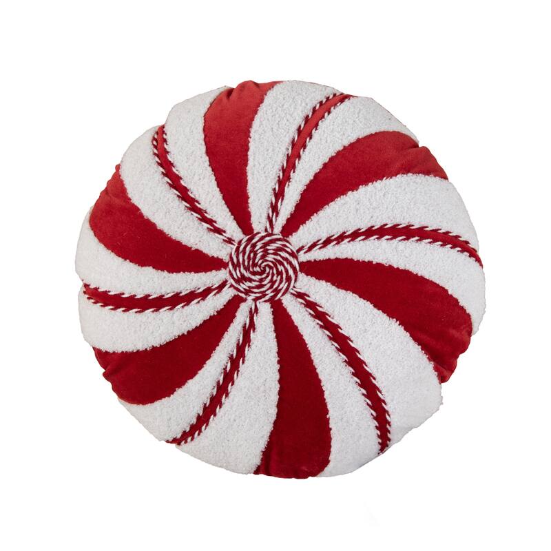 16" Red And White Cotton Velvet Round Christmas Striped Throw Pillow
