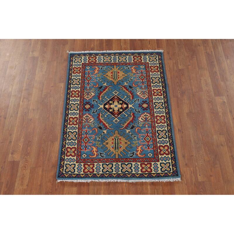 Blue Geometric Kazak Foyer Rug Hand-Knotted Wool Carpet - 2'10" x 3'11"