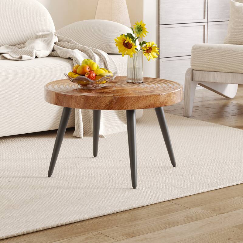 Modern Round Coffee Table - Exquisite Suction Molding Process,Natural Wood Grain Texture,Black Sprayed Metal Leg.