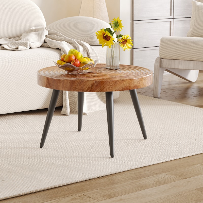 Roomfitters 23.6" Round Coffee Table with Natural Wood Grain Texture and Black Metal Legs