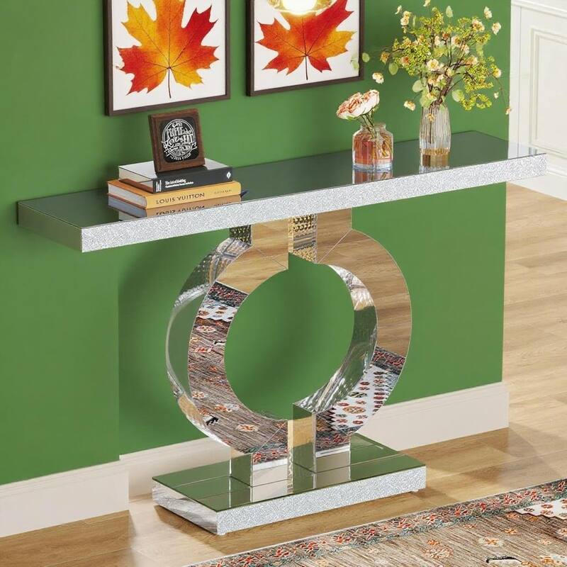 Acrylic and Glass Console Table with O-Shaped Base Design - 43.11"W x 11.61"D x 31.89"H