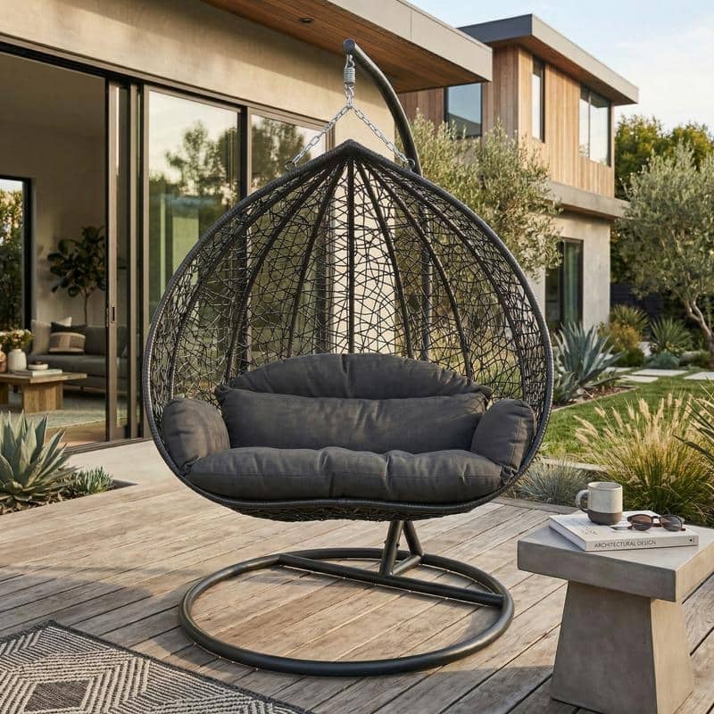 Recluse Teardrop Egg Chair - 440 lb Capacity - Grey/Black Stainless Steel Stand - Wicker Hanging Swing for Indoor Outdoor Use