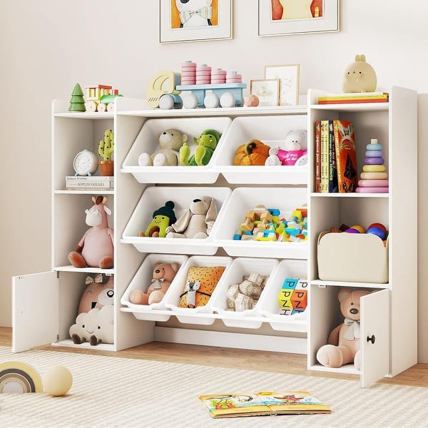 slide 2 of 9, 4-Tier Wooden Kids Bin Shelf w/4 Large & 4 Small Removable Bins