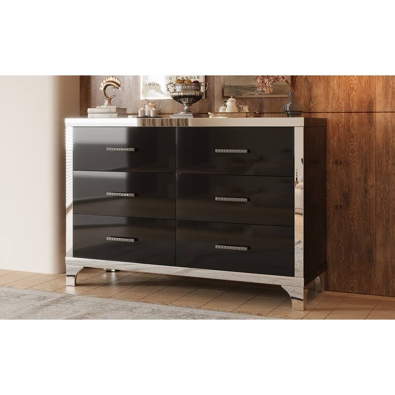 Elegant High Gloss Dresser with Metal Handle,Mirrored Storage Cabinet with 6 Drawers for Bedroom