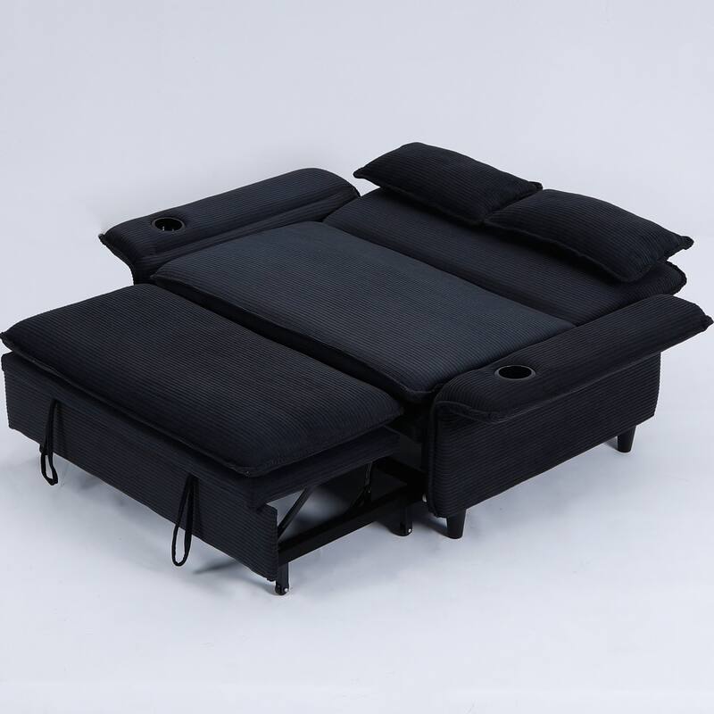 65.74-inch Black Corduroy Multi-functional Adjustable Sofa Bed with Letter Stripes