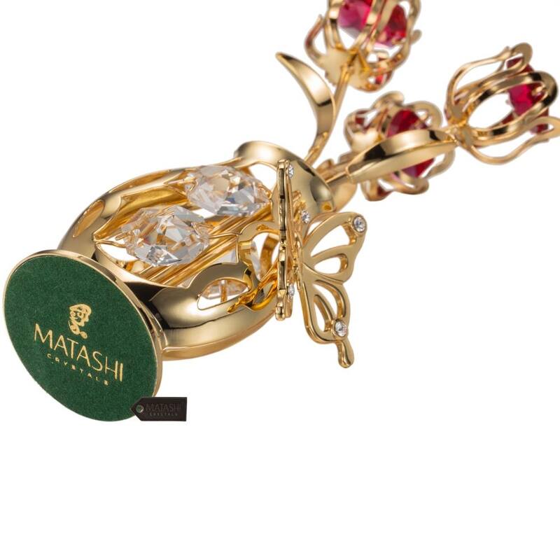 Matashi 24K Gold Plated Crystal Studded Flower Ornament in a Vase with Decorative Butterfly for gifts and home decor