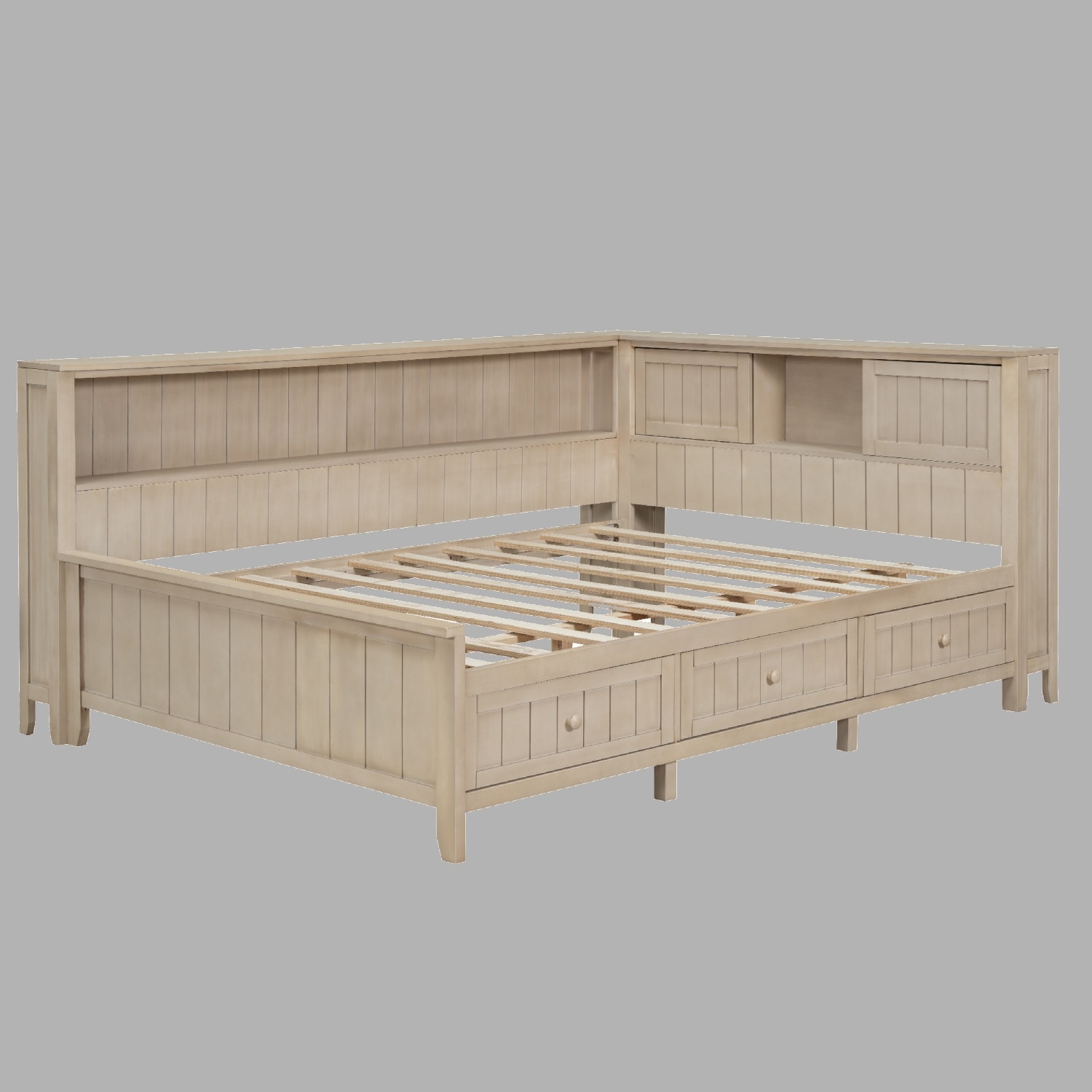 Wood Daybed with Storage Shelves & 3 Drawers - Twin/Full Size, Antique White Finish, Farmhouse Look