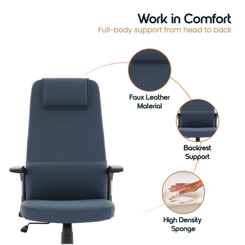 Nexa Ergonomic Leather/Polyester High-Back Office Chair with Padded Headrest, Adjustable Height, Swivel, and Smooth Casters