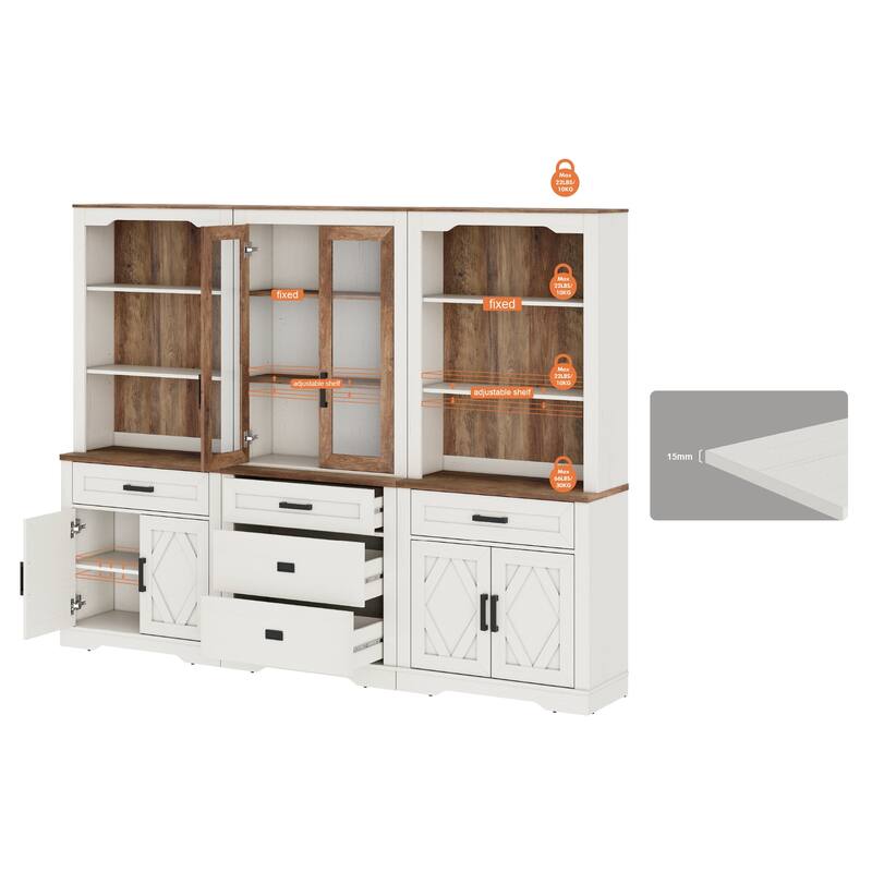 3-Column 73.3" Tall Bookshelf Set with Open Storage and Glass Doors