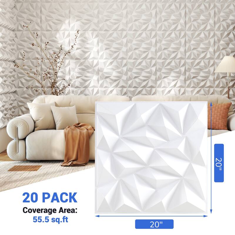 White PVC 3D Wall Panels with Diamond Pattern Peel and Stick Set of 20