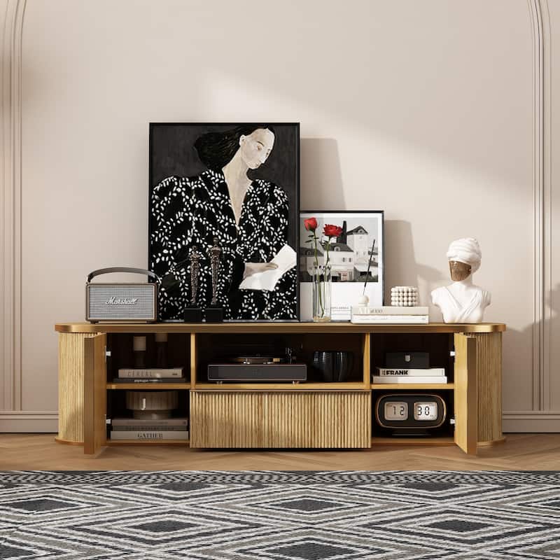 Natural Wood TV Stand with Gold Handles Entertainment Center, Media Console & Storage Cabinet