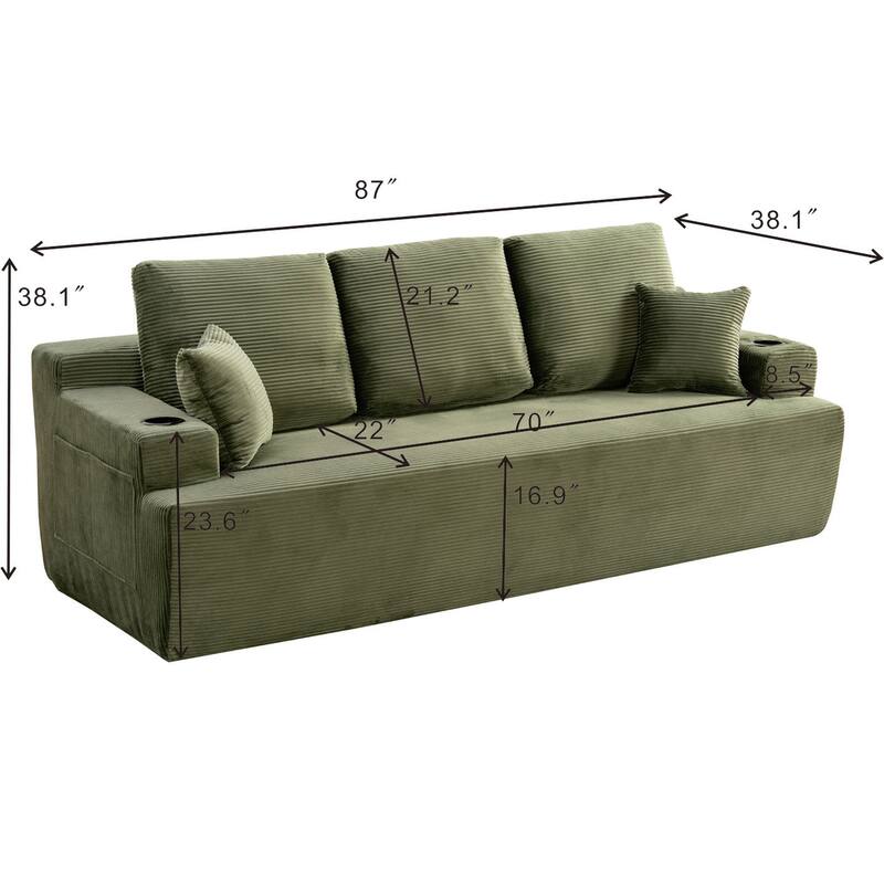 87 Inch 3 Seater Sofa Couch, Deep Seat Corduroy Living Room Sofa with Cup Holders and Side Pockets