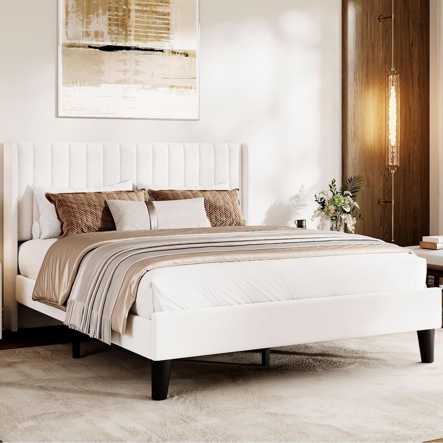 Velvet Bed Frame, Channel Tufted Wingback Headboard Upholstered Platform with Wood Slats No Box Spring Easy Assembly