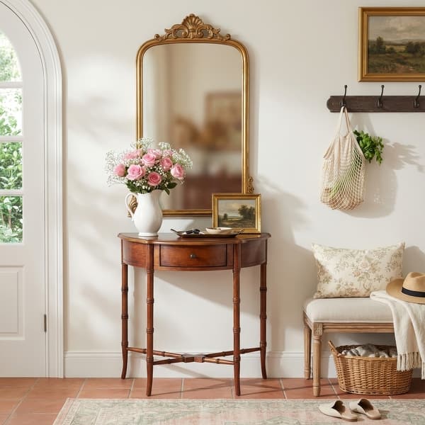 slide 2 of 8, Skilling 31 in. W Specialty Demilune Shape Wood 1-Drawer Console Table Olive Ash