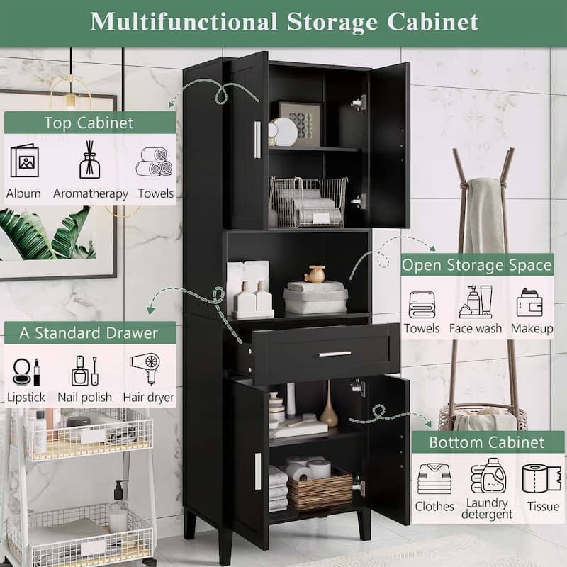 Tall Bathroom Cabinet with Drawer,Cabinets,Soft-Close Doors,Adjustable Shelves,Open Storage for Versatile Use