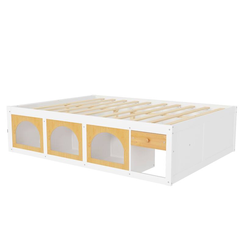 Wooden Platform Bed with Footboard Bookshelf, LED Display Cabinet and Drawer Storage by Harper&Bright Designs