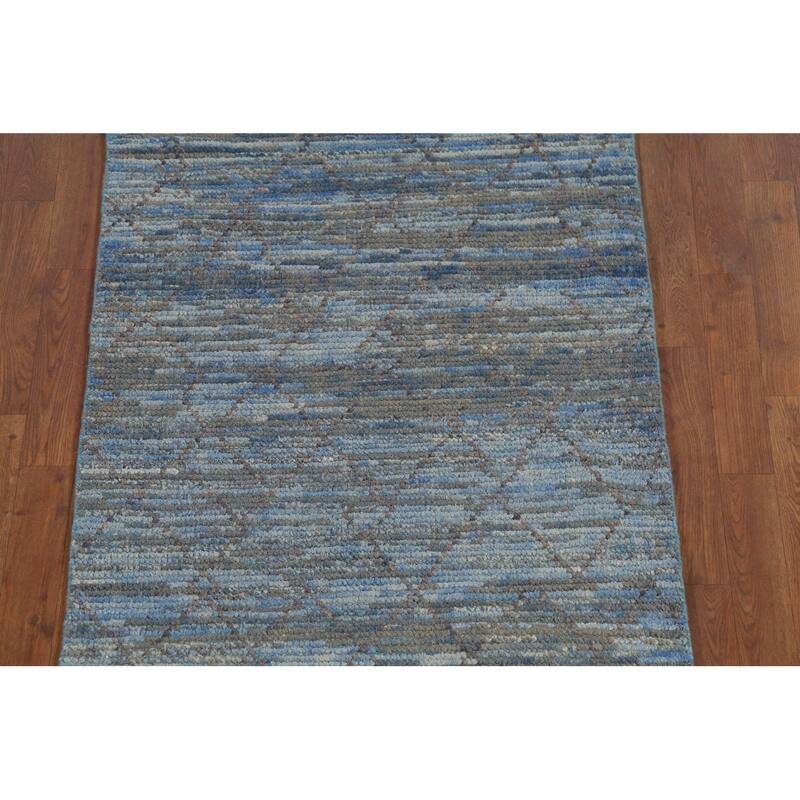 Striped Blue Trellis Moroccan Runner Rug Hand-Knotted Wool Carpet - 3'0"x 12'5"