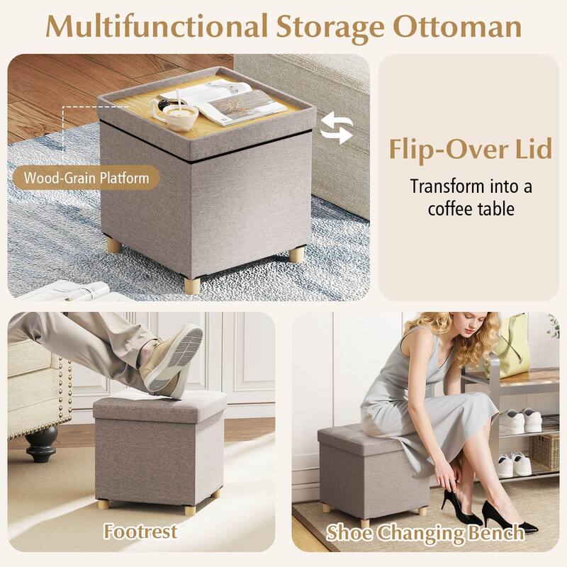 Costway 1/2 PCS 18 Inches Ottoman with Storage,Tray & Rubber Wood Legs