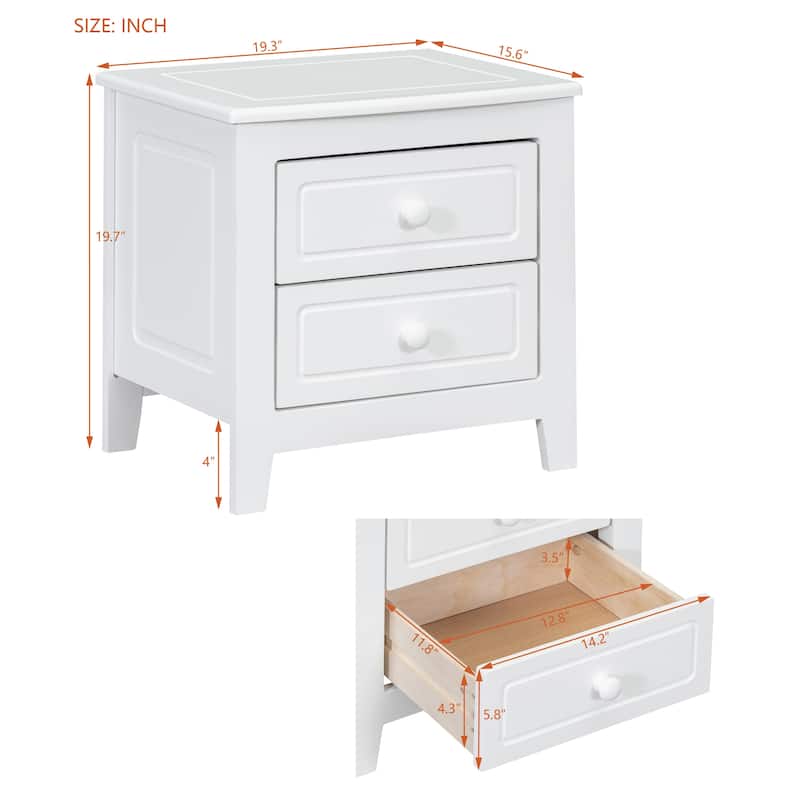 Anmytek Mid Century Retro 2 Drawer Nightstand, White Classic Bedside Table for Bedroom