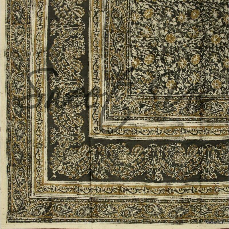 Block Print Cotton Vegetable Dye Exotic Floral Tablecloth Rectangle