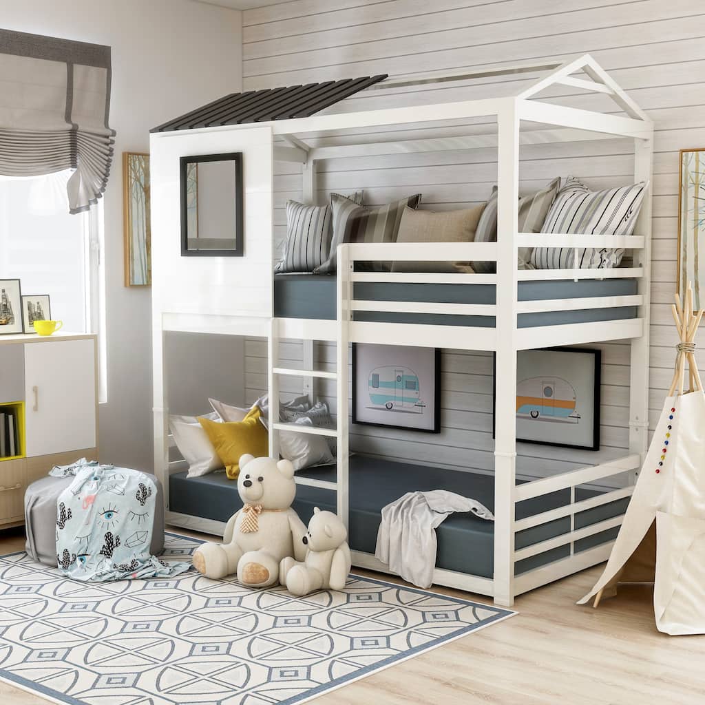 Vaia Transitional White Twin-over-Twin Metal Bunk Bed by Furniture of America