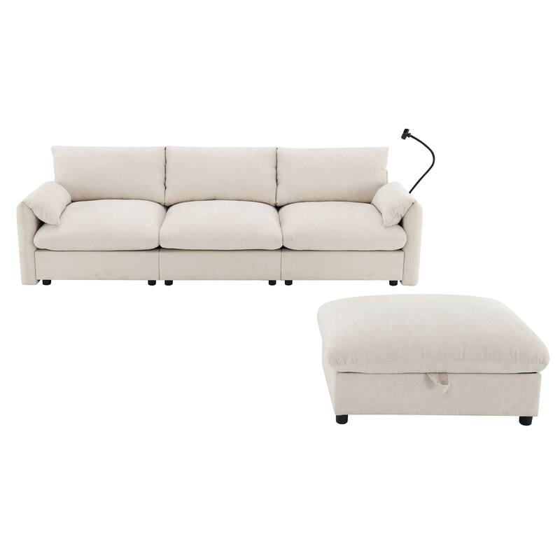 L Shaped Chenille Sectional Sofa with Storage Ottoman, Pockets, USB