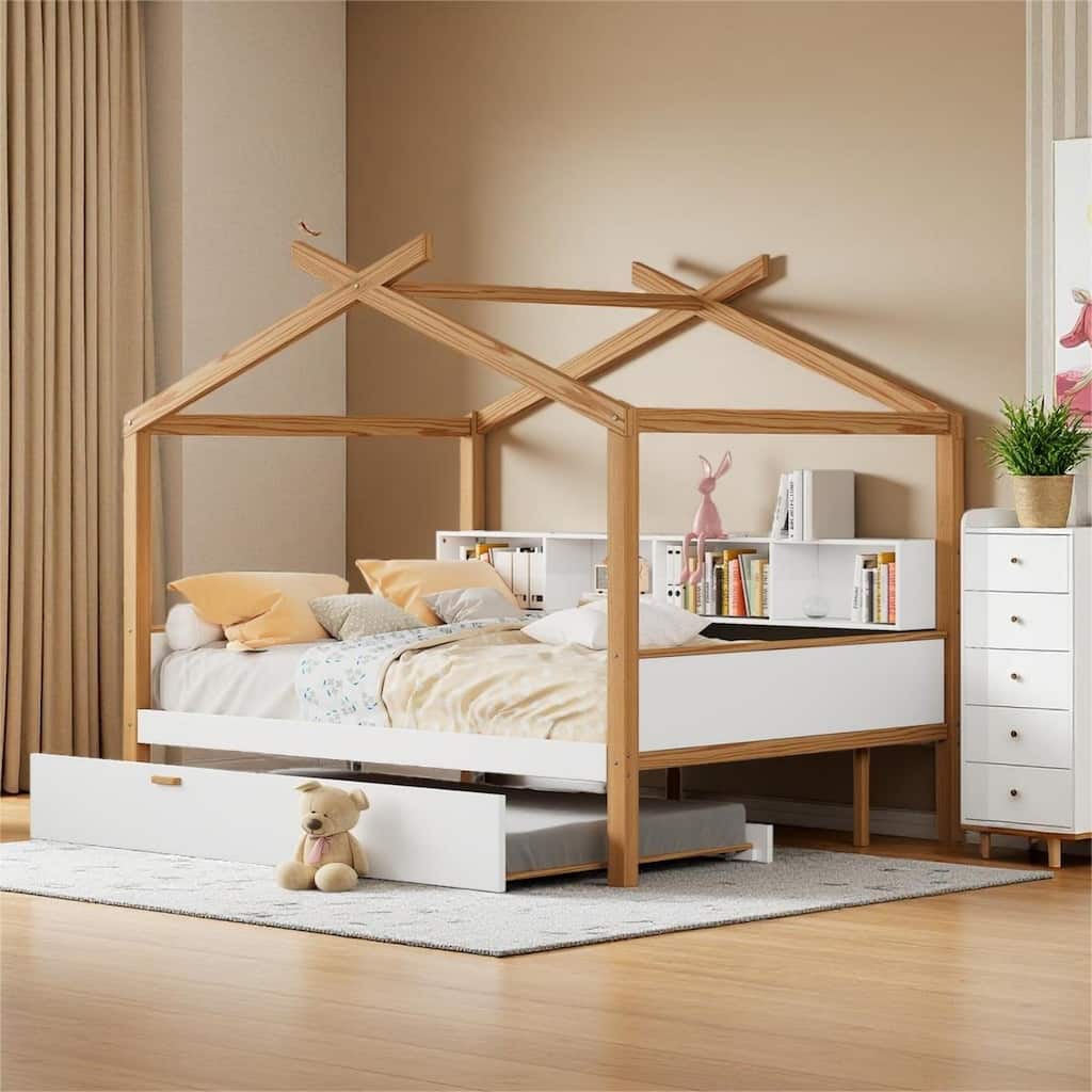 Charming Wooden House Bed with Built-in Bookshelf & Twin Trundle by Harper&Bright Designs