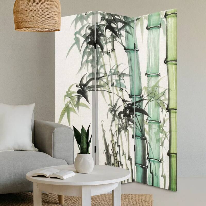 72 Inch 3 Panel Canvas Room Divider with Bamboo Print,Multicolor