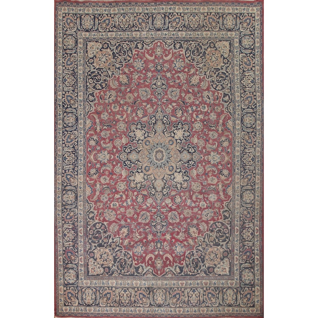 Traditional Mashad Persian Vintage Area Rug Hand-knotted Wool Carpet - 9'8" x 12'7"