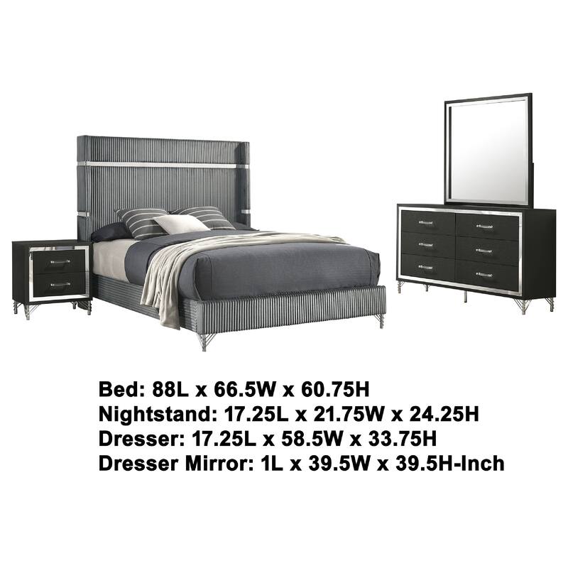 Jenny 4pc Queen Size Bed Set, Gray Velvet Upholstery, Chrome, Black