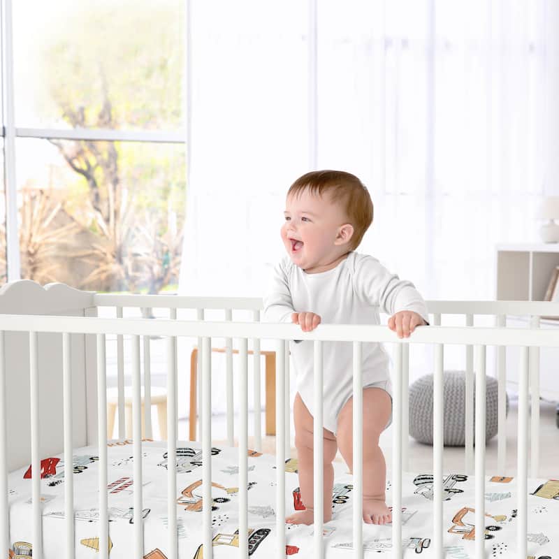 Sweet Jojo Designs Red Blue Construction Truck Boy Satin Fitted Crib Sheet Transportation Zone Vehicles Bulldozer Tractor Crane