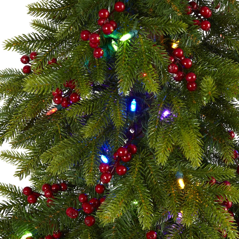 6ft. Fir Artificial Christmas Tree with 250 Multi-Color LED Lights, Berries & 415 Branches - Bright Holiday X-Mas Tree