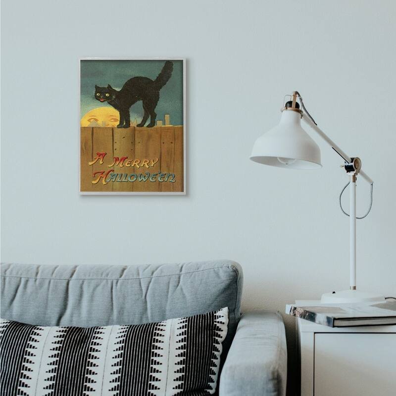 Stupell A Merry Halloween Black Cat Fence Seasonal Holiday Design Framed Wall Art