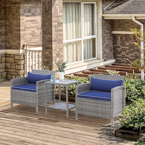 Outsunny 3 Pcs Rattan Wicker Bistro Set with Soft Cushions, Outdoor Conversation Coffee Sets with Glass Table Top Storage Shelf