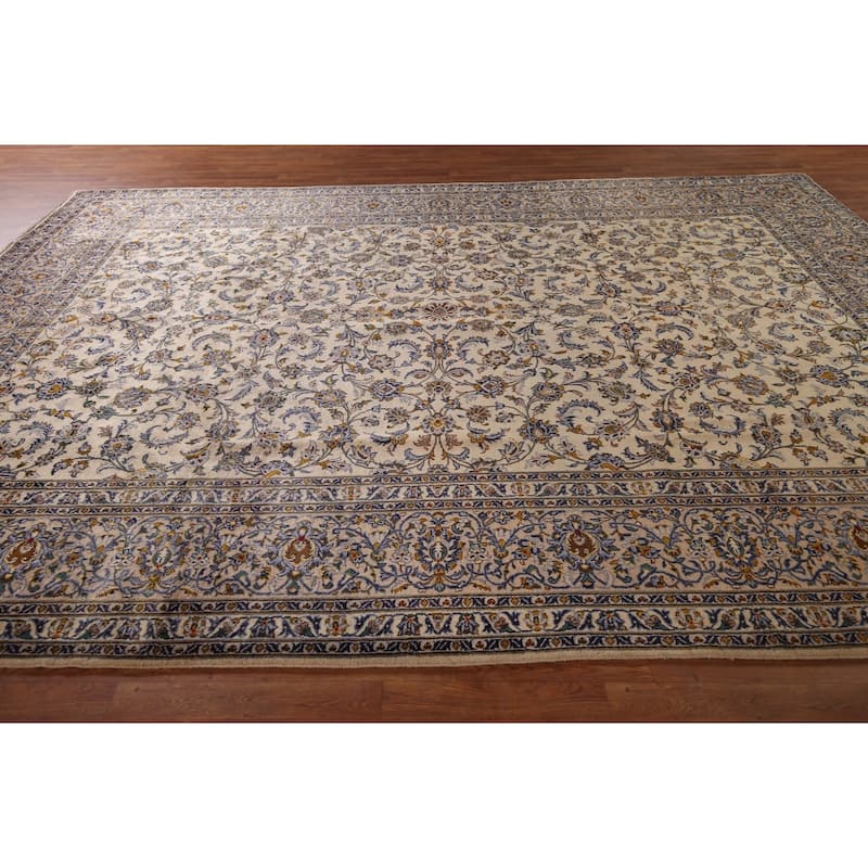 Ivory Floral Kashan Persian Vintage Area Rug Handmade Wool Carpet - 9'10"x 13'2"