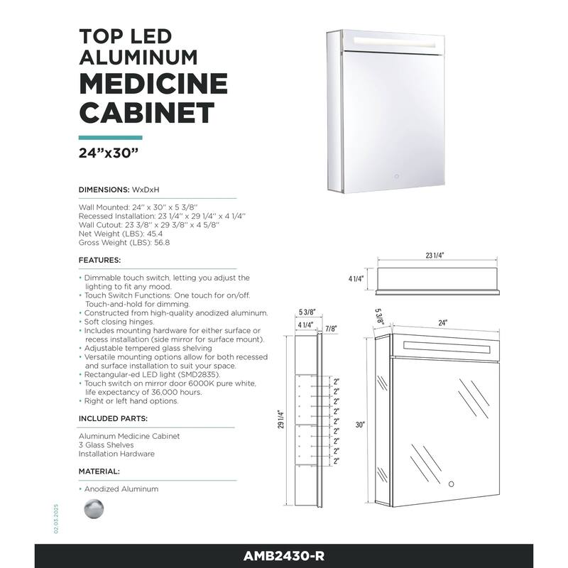 Bathroom Medicine Cabinet, Aluminum, Recessed/Surface Mount, Mirrored Interior w/LED