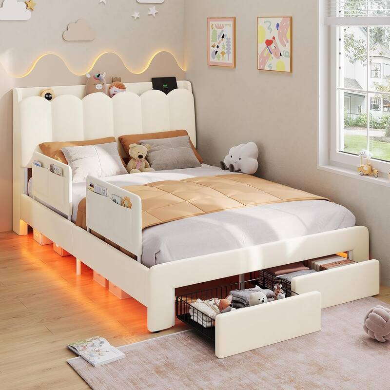 LED Bed Frame Storage DrawerSafety Guardrails Velvet Princess Platform Bed Kids - Beige - Full