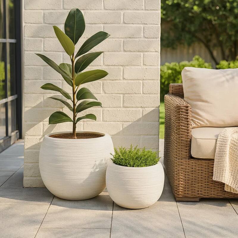 Line 10 Inch Planter Set of 2, Round Resin Body, Carved White Finish