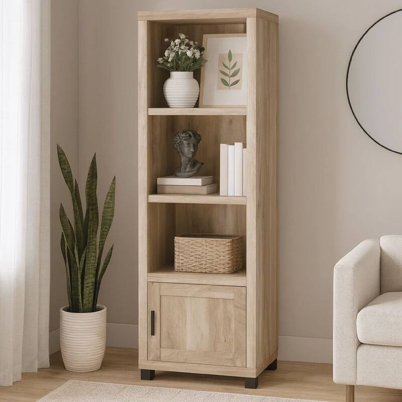 Sac 71 Inch Media Pier Tower with 3 Shelves and Cabinet, Antique Pine Wood