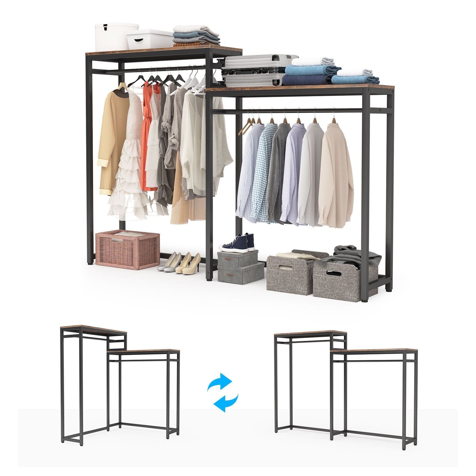 5-Shelf Hanging Wardrobe Storage Organiser Durable w/ Metal Hooks Grey New UK 