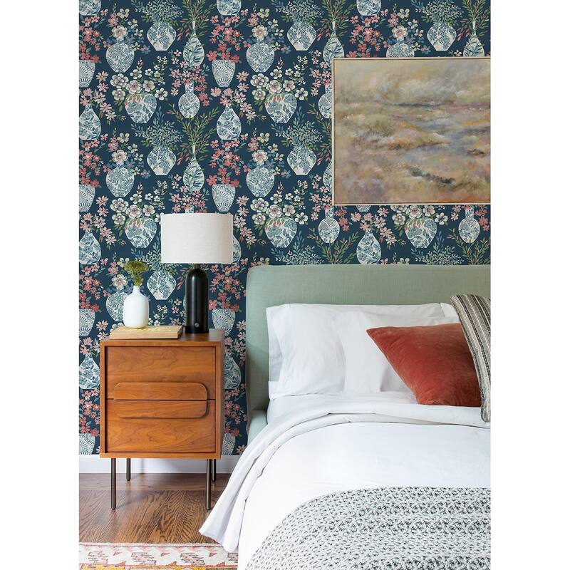 A-Street Prints Harper Teal Floral Vase Wallpaper