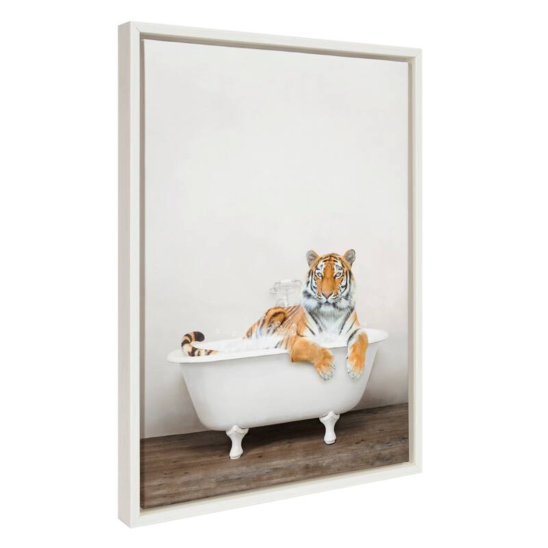 Kate and Laurel Bengal Tiger in Bath Framed Canvas by Amy Peterson - White