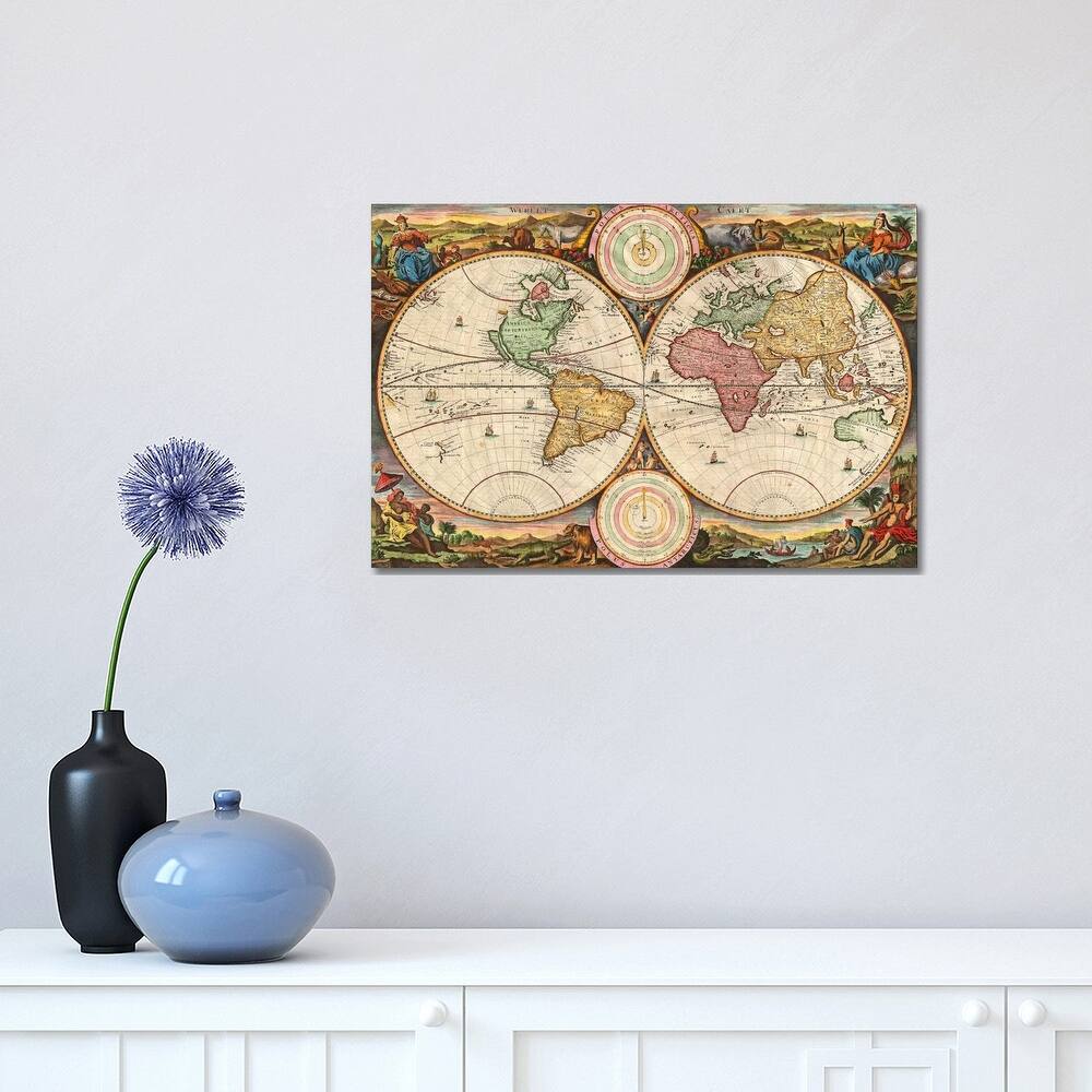 iCanvas "Antique Map of the World in two Hemispheres (1730)" by Stoopendaal Canvas Print