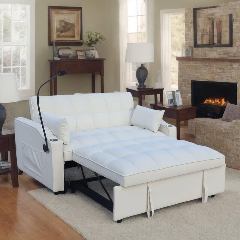 Velvet 3 in1 Loveseat Convertible Pull-out Sleeper Sofa Bed Adjustable Backrest Futon Sofa with Pillows, Pockets - Beige