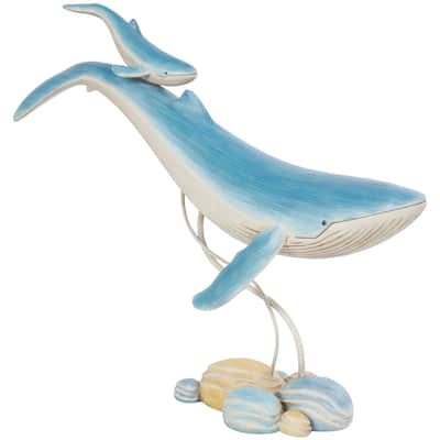 Polystone Whale Swimming Mother and Baby Sculpture with Yellow Accents - Blue - Roche River Decor - 6"W x 18"L x 17"H