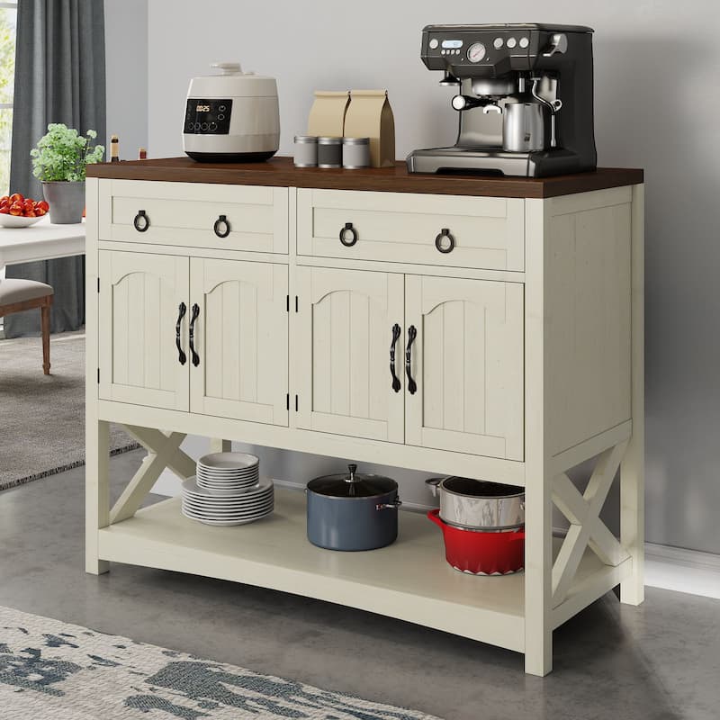 Moasis 47.2 Inch Farmhouse Buffet Cabinet with Storage Drawers and Four Doors for Kitchen or Dining Room Organization - White