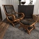 preview thumbnail 10 of 18, Dark Brown Leather Handmade Upholstered Room Accent Chair with Ottoman with Scrolled Wood Arms and Arched Legs