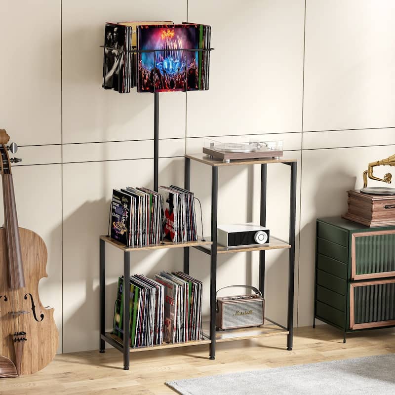Anmytek Record Player Stand & Table - 6-Tier Rotating Vinyl Storage, Holds 300 Albums, Display Shelf for Bedroom & Living Room