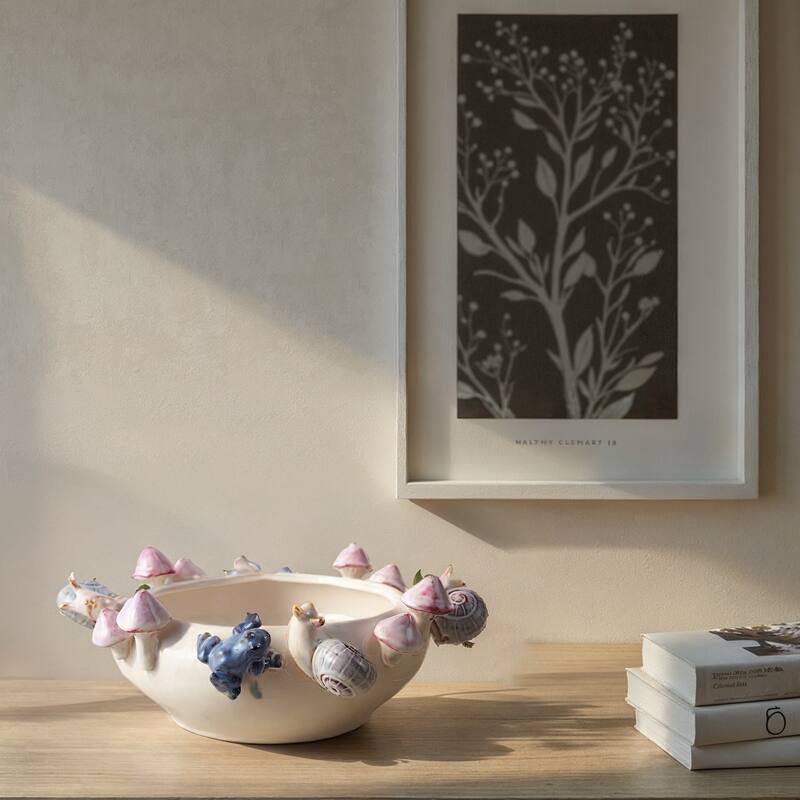 Stoneware Planter with 3D Snails, Mushrooms, and Frogs in Reactive Glaze - 14.0"L x 11.75"W x 5.5"H - Multicolor